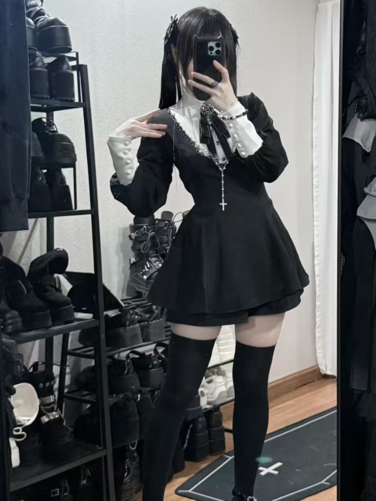Vintage Fashion Retro Outfit - 2026 Japanese Gothic Vintage Slim Dress