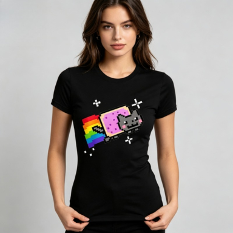 Vintage Fashion Style Female - Colorful Pixel‑Style Flying Cat Rainbow Graphic